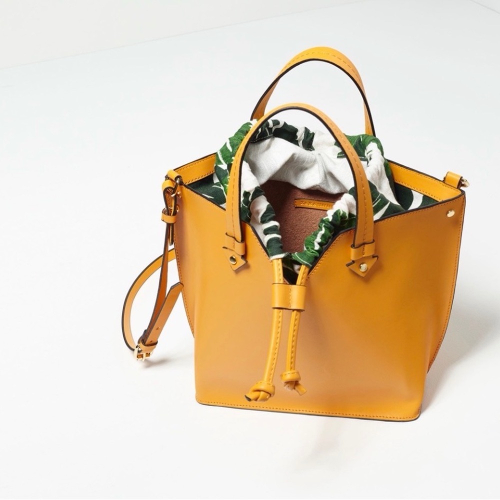 ZARA TRAFALUC Mustard Leather Drawstring Tote Bag with fabric Palm Green Accent
